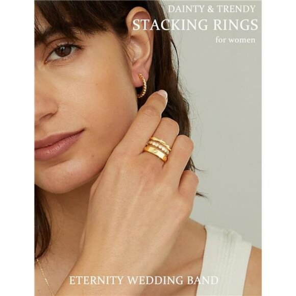 Stackable Gold Rings for Women Dainty 14K Gold Silver Plated Cubic Zirconia Band - Picture 2 of 7